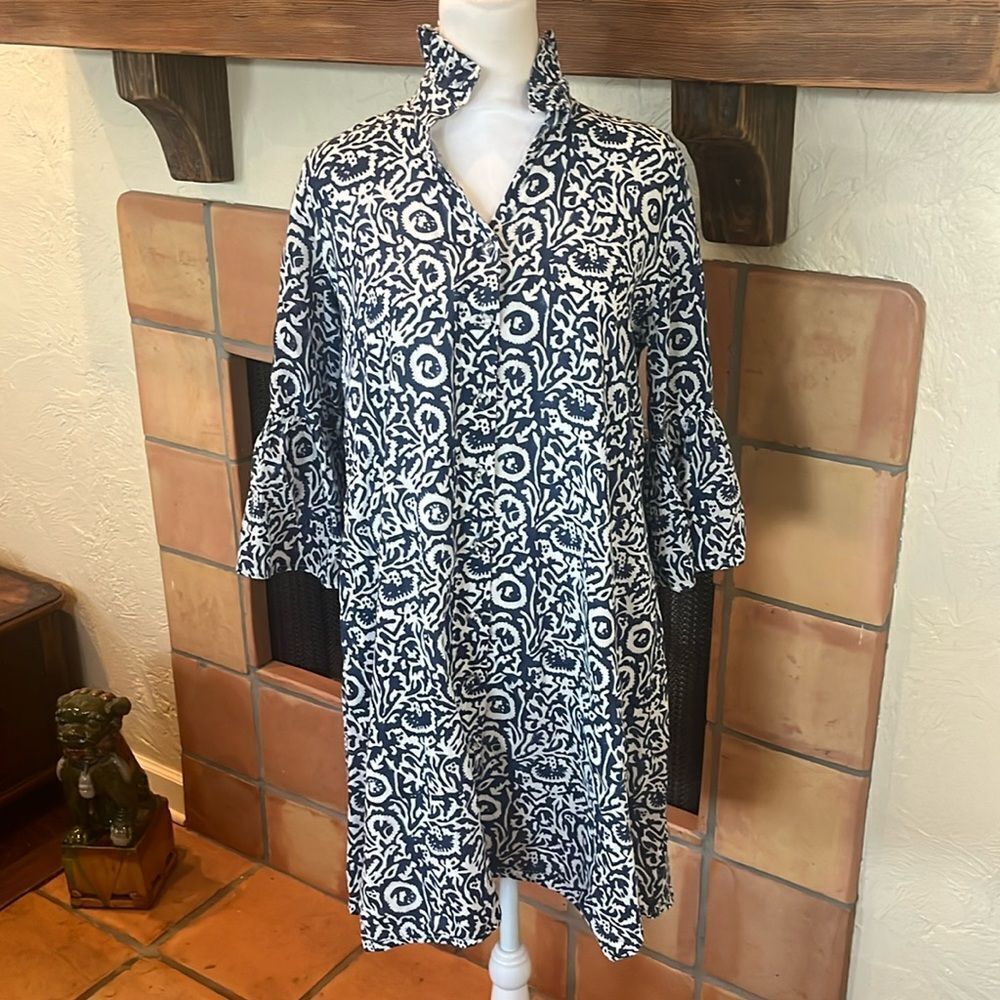 Holly Shae Blue and White Ruffle Collar Floral Button Down Dress, size M